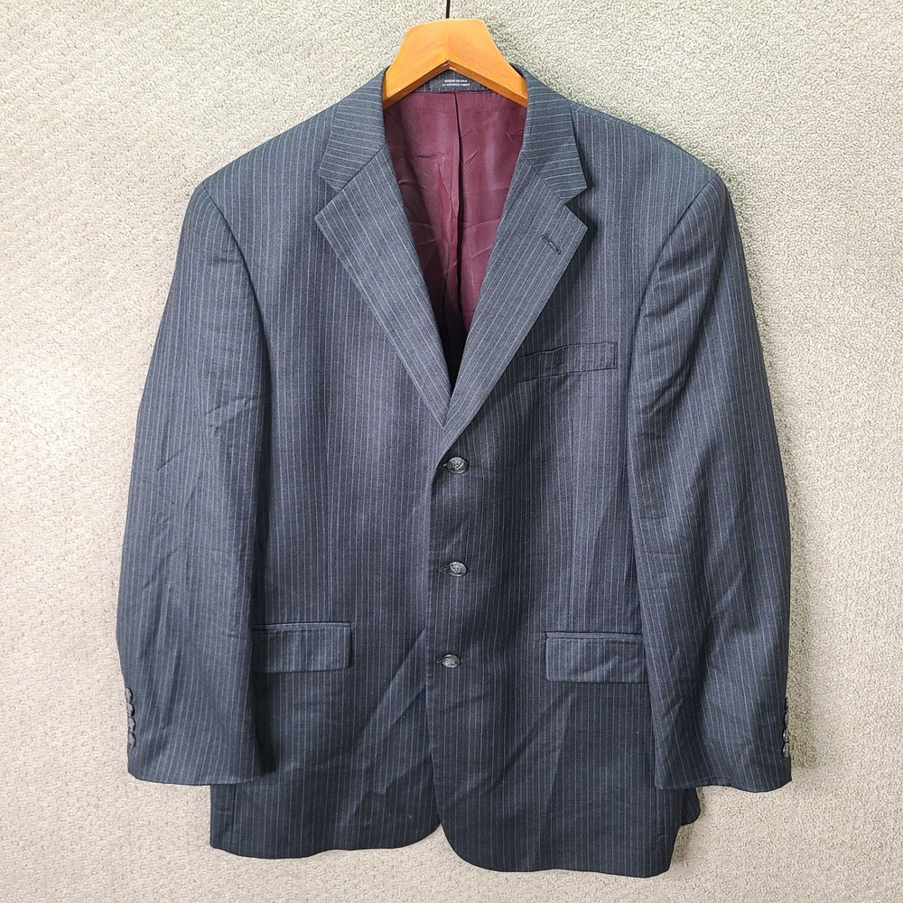 Vintage Austin Reed Jacket Mens 44R Gray Striped Blazer 3 Button Wool Suit Coat